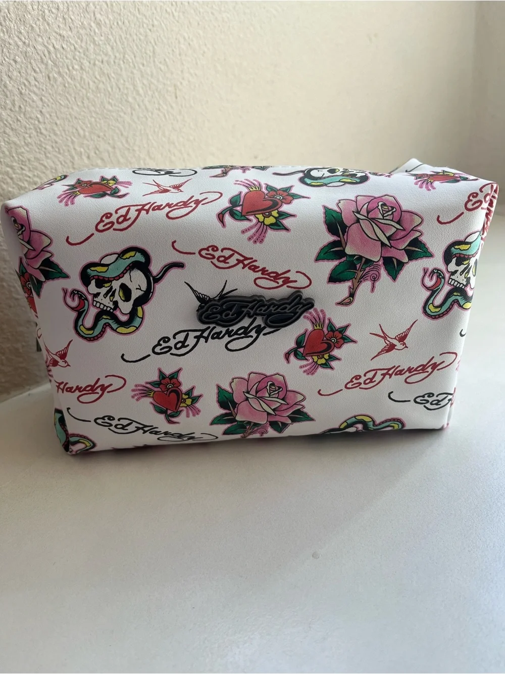 Ed Hardy White Floral & Tattoo-Print Makeup Cosmetic Pouch Tote Bag